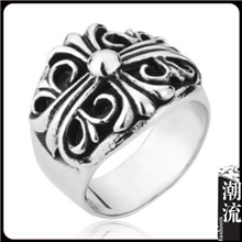 潮男饰品批发钛钢男士戒指复古男戒克罗心十字军花戒指TG348