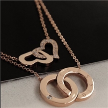 北京遇上西雅图爱心双环钛钢玫瑰金项链纯手工焊CNC镶钻工艺