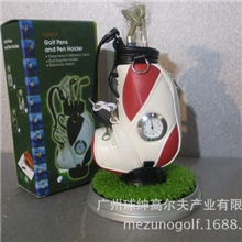 彩盒包装三支球杆形状签字笔PU球包形高尔夫带钟表带草垫笔筒