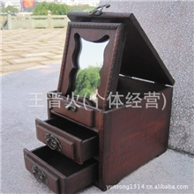 三层带镜子仿古木盒梳妆盒首饰盒收纳盒做旧饰品盒古董盒