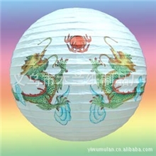 供应厂家热卖双龙戏珠图案16英寸圆型钢丝纸灯笼灯罩