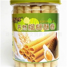 香港优米部落天然榴莲酥卷120g*24罐/箱进口食品饼干蛋卷批发