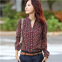 樵JIAO韩版女士复古碎花真丝绒修身长袖衬衫雪纺长袖衬衫