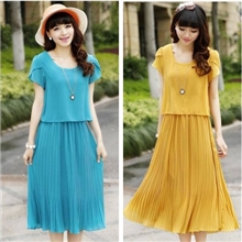 2013夏新款韩版复古纯色雪纺连衣裙百褶连衣裙长裙子大码361