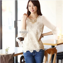 秋装新款韩版大码长袖女装打底衫花朵蕾丝打底衫衬衫上衣5570