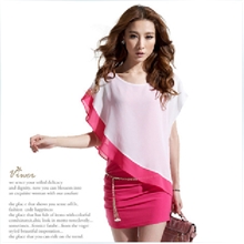 韩版新款拼色斜边连衣裙夏雪纺连衣裙韩版假两件包臀裙裙1349