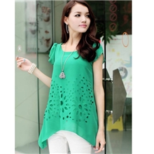 8601#2013新款夏季宽松百搭圆领中长款雪纺衫短袖上衣多色