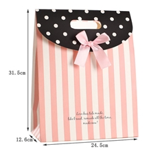 批发手提翻盖礼品袋时尚精美包装袋粉白条纹纸袋子大号S13-1