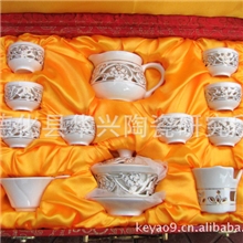 供应人工镂空手绘白金(黄金)双层整套功夫茶具欧式德化陶瓷