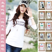 2013秋冬潮女式长袖T恤衫批发低价T恤女装纯色白色印花T恤C系列