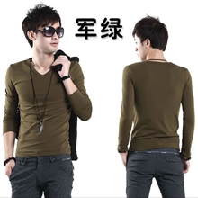 2013秋装新款圆领纯色空白长袖男装t恤V领修身打底男士t恤批发