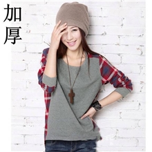 8624#女装代理秋装新款休闲时尚大码女装撞色长袖格子t恤衫批发