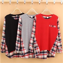 淘宝爆款秋装新款韩版时尚大码女装撞色长袖格子t恤衫套装批发