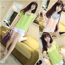 1301#2013新款完美配色波浪边装饰小清新雪纺衫