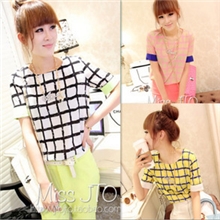 806#2013新款韩版时尚格子雪纺拼接圆领短袖T恤