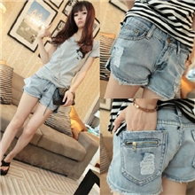1614#欧美街拍风开叉边沿复古超范破洞牛仔短裤