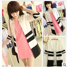 321#2013秋装最新款韩版圆领经典黑白条纹撞色中长款外套