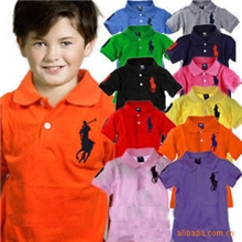外贸广东童装批发POLO衫中大童翻领纯珠地棉大马标儿童短袖t恤