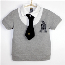 韩版童装批发网眼质感精梳棉面料假两件领带儿童短袖T恤