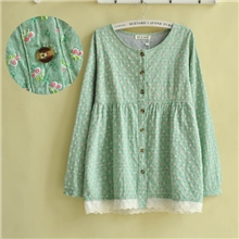 森女系大码女装秋甜美花朵可挽袖棉麻娃娃衫连衣裙