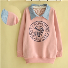 秋冬新款女装日式学院风图腾印花翻领大码加绒卫衣假两件0017