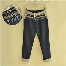 森女系秋季新款日系十字绣刺绣花腰波点翻边棉麻长裤