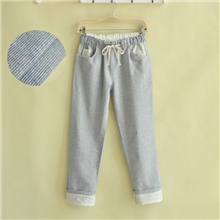 秋装新款女装外贸日单精密细条纹刺绣卷边松紧腰棉麻休闲裤长裤