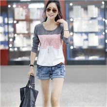 2013韩版秋装新款条纹拼布圆领套头女式长袖t恤批发