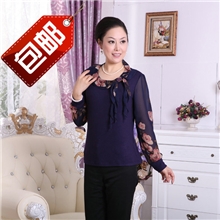 2013新款中老年女装中年雪纺长袖大码T恤飘带时尚妈妈装批发