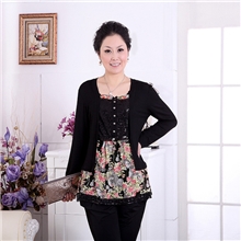 中老年女装秋装新品上衣中年女装假两件花色长袖大码T恤妈妈装