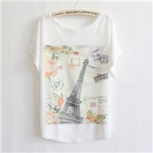 2013早春新款日韩版时尚巴黎铁塔蝙蝠衫宽松女装短袖T恤批发6132
