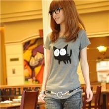 2012夏装新款瑞丽日韩女装可爱圆领猫咪修身短袖T恤