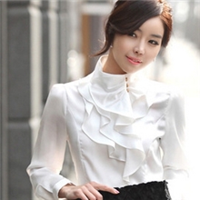 1055韩版气质淑女立领荷叶边长袖泡泡袖仿真丝衬衣/衬衫