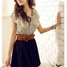 9547#夏装新款瑞丽日韩女装甜美圆点縮腰洋裝连衣裙配腰带
