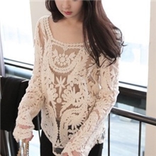 6845#春装新款钩花宽松纯色镂空长袖套头罩衫蕾丝罩衫