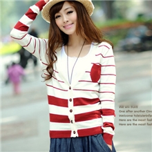 厂家直销秋装新款韩版时尚条纹开衫针织衫外套女士针织衫口袋