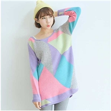 品牌服装外贸女装秋新款韩版宽松几何图案撞色百搭针织衫毛衣