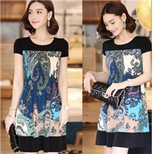 2013新款韩版女装圆领时尚气质印花大码拼接短袖连衣裙