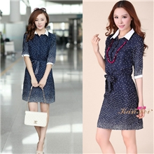 2013秋装新款收腰中袖翻领连衣裙韩版女式圆点简约时尚连衣裙