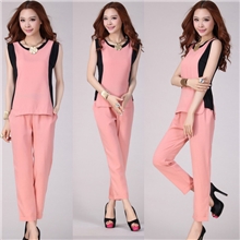 夏秋季新款女装韩版OL气质无袖圆领T恤长裤雪纺运动休闲套装