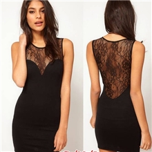欧美人气爆款蕾丝拼接透视露背性感包臀背心裙修身连衣裙0326#