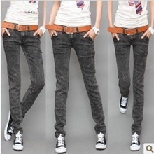 6915#2011秋冬新款韩版黑灰色雪花裤小脚铅笔裤牛仔裤女士牛仔裤