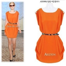 9050夏装新款韩国肩扣设计甜美圆领三色靓丽连衣裙配腰带