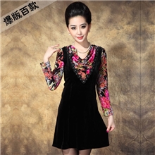 中老年连衣裙时尚拼接金丝绒裙修身收腰专柜正品欧美女装批发S13