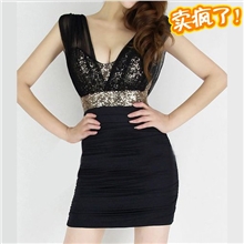 爆款PK价2305#品质有靠V领亮片性感高腰紧身包臀夜店连衣裙十色