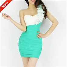 又到货妩媚新款单肩花边包臀拼色性感夜店连衣裙广州外贸3231#