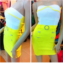 别致新款撞色假两件亮扣包臀性感夜店连衣裙广州外贸女装6915