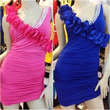 8月翻单现货6035花边波浪斜领亮钻缀边包臀夜店连衣裙外贸礼服