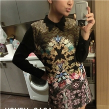 赤东莎莎韩国委婉名媛气质MI.U家小翻领复古高贵图腾连衣裙