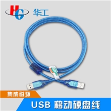 华工带磁环USB数据线公对公USB2.0数据线移动硬盘线1.5米透明蓝